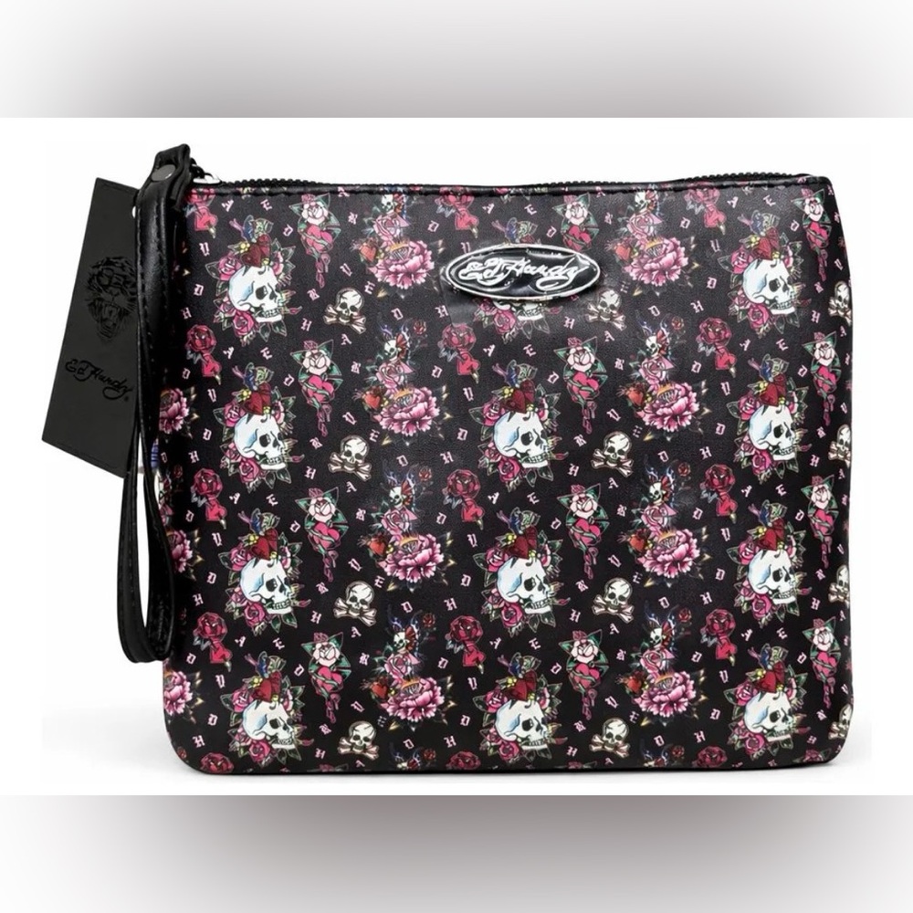 NWT Ed Hardy Black Skull Floral Wristlet